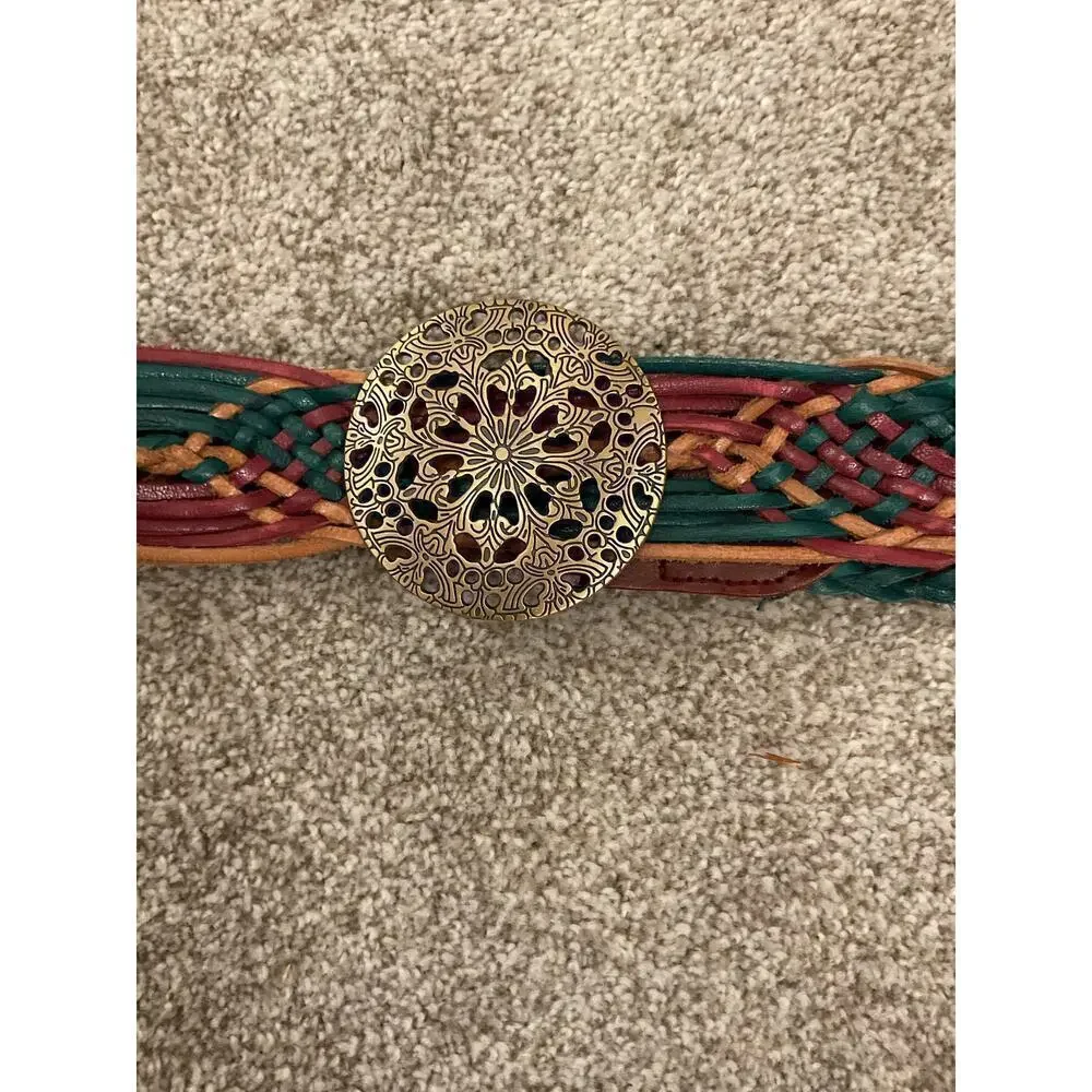 Hollister Y2K Boho 100% Leather Multicolored Braided Belt Brass Buckle, XS/S